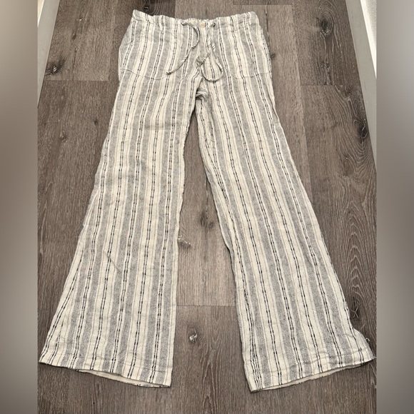 Just Living Pants - Just Living Striped Linen Blend Drawstring Pants Cream Black Boho Wide Leg Small